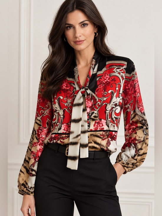 Roberto Cavalli Tops - New ROBERTO CAVALLI blouse size 44/8 Animal & Baroque Floral Print Bow Tie.